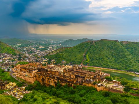 Arial View of Amber or Amer Fort with Cityscape and Aravalli Range from Jaigarh Fort at Jaipur, Rajasthan